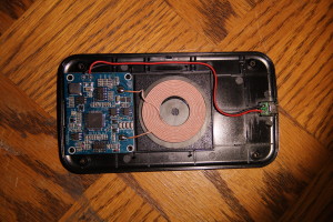 Koolpad innards showing charging coil and PCB